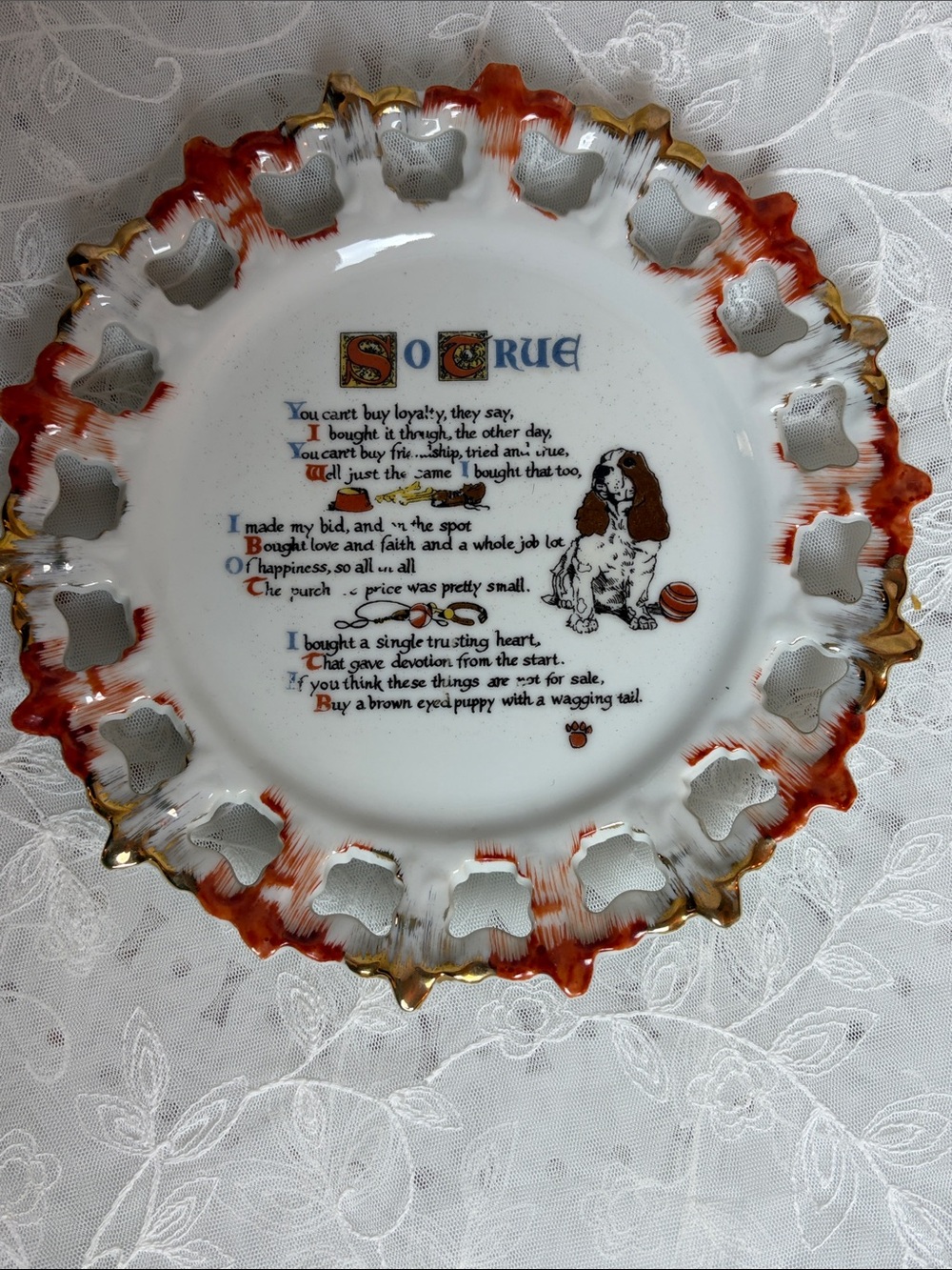 Vintage 1950s White Ceramic Decorative Plate with Brown and Gold Trim - Home Art